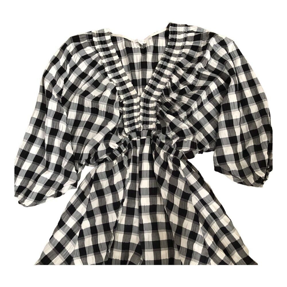 Maple Womens V Neck Gingam Checkered Puff Sleeve Beach Romper‎ Size Sz Med - Picture 2 of 12